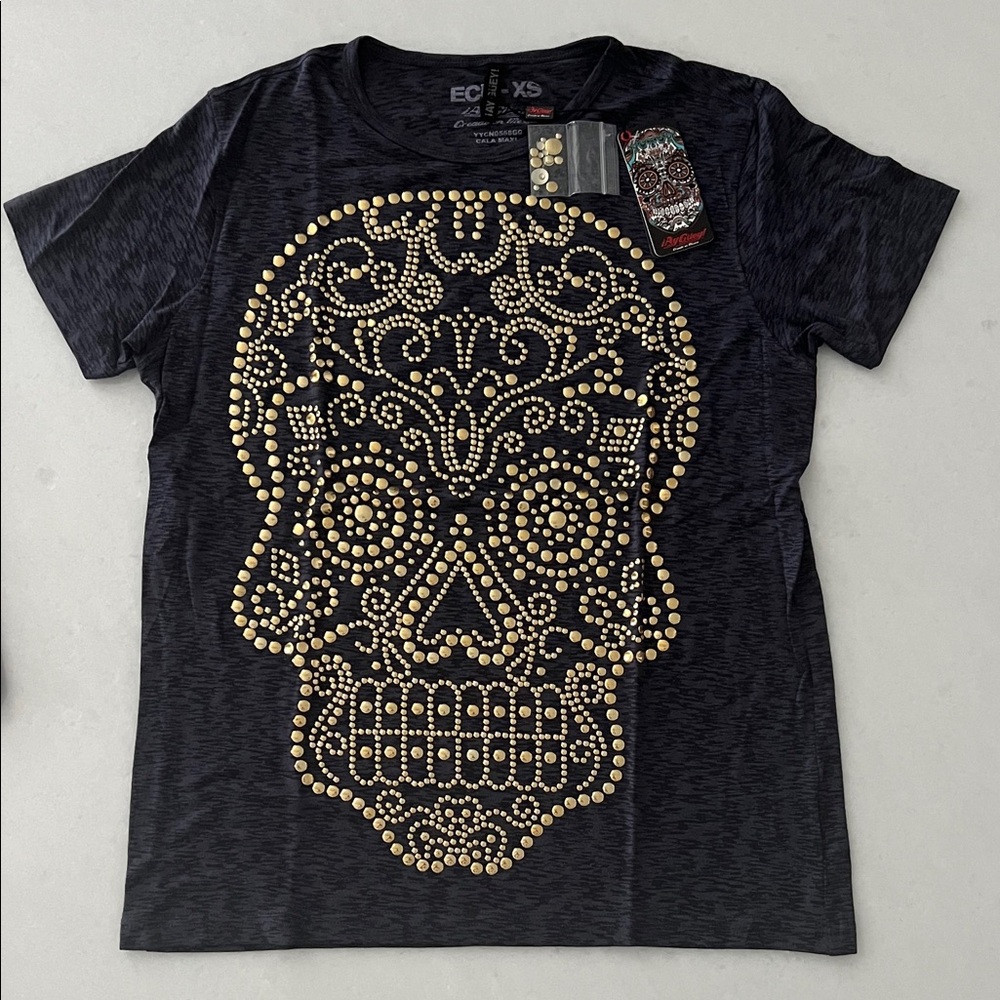 Ay Guey Black Short-Sleeve Tee with Gold Stud Skull